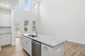 Granite countertop island overlooking living room