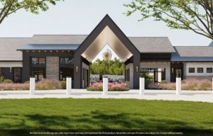 rendering of pool house with an A frame entrance